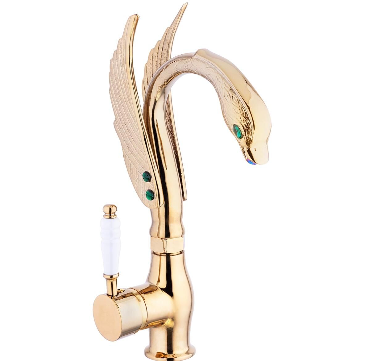 Parlak Gold Özel Tasarım Kuğu Lavabo Bataryası