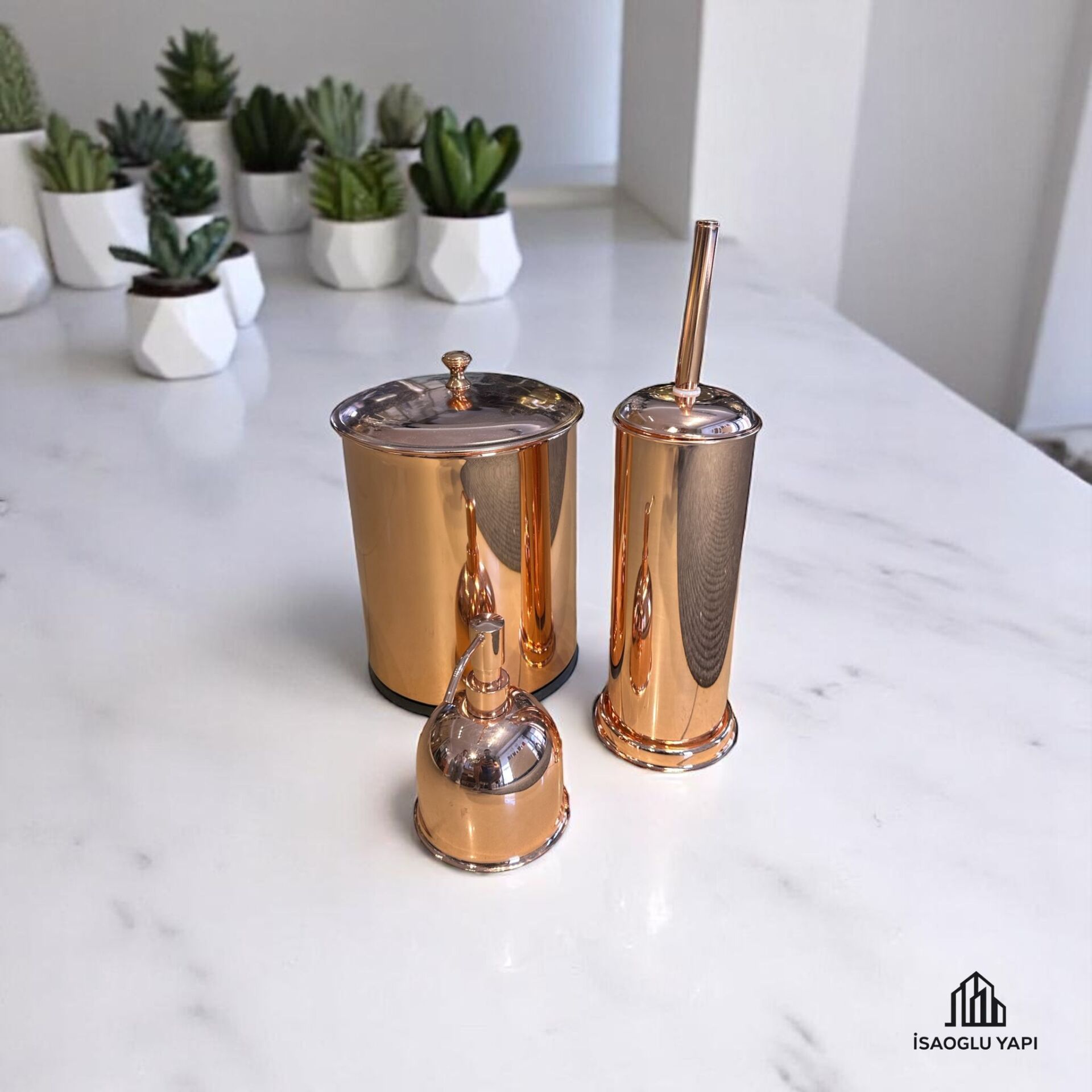 Bakır Çöp Kovası Bakır Fırça Bakır Sıvı Sabunluk Metal Premium Set Bronz Bakır