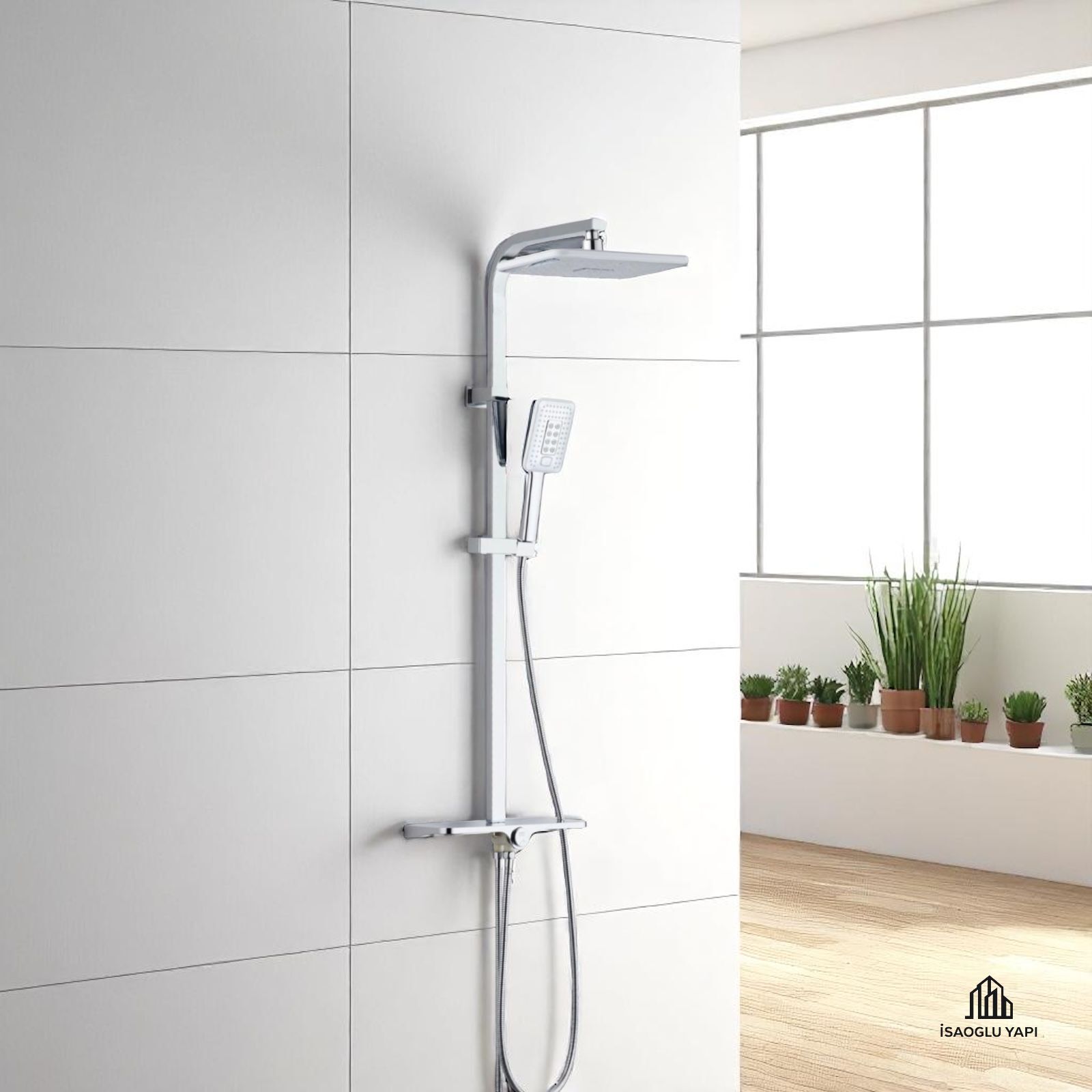 Banyo Duş Sistemi Tepe Yağmurlamalı Kare Borulu Kare Tasarım Premium Duş Başlığı