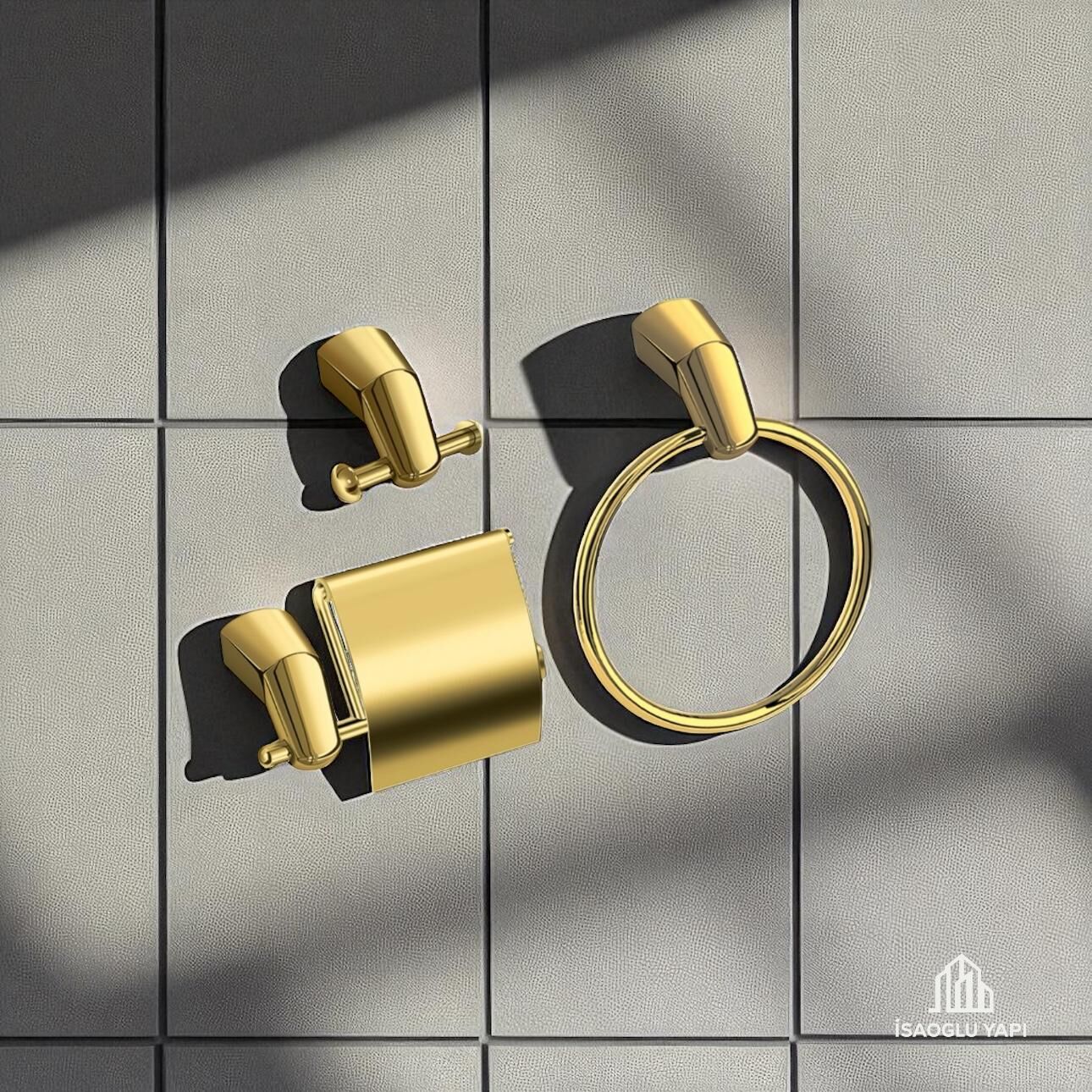 Gold Havluluk Gold Tuvalet Kağıtlık Gold Bornozluk Komple Set Pirinç Malzeme Modern Tasarım