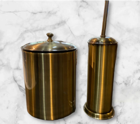 Mat Gold Banyo Çöp Kovası ve Fırça Seti Antik Gold Vintage Tasarım