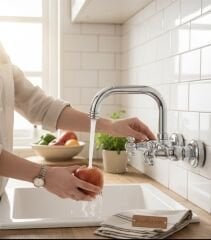 Duvardan Mutfak ve Banyo Bataryası Retro Klasik Tasarım Döner Borulu Armatür Krom Renk Pirinç Ürün