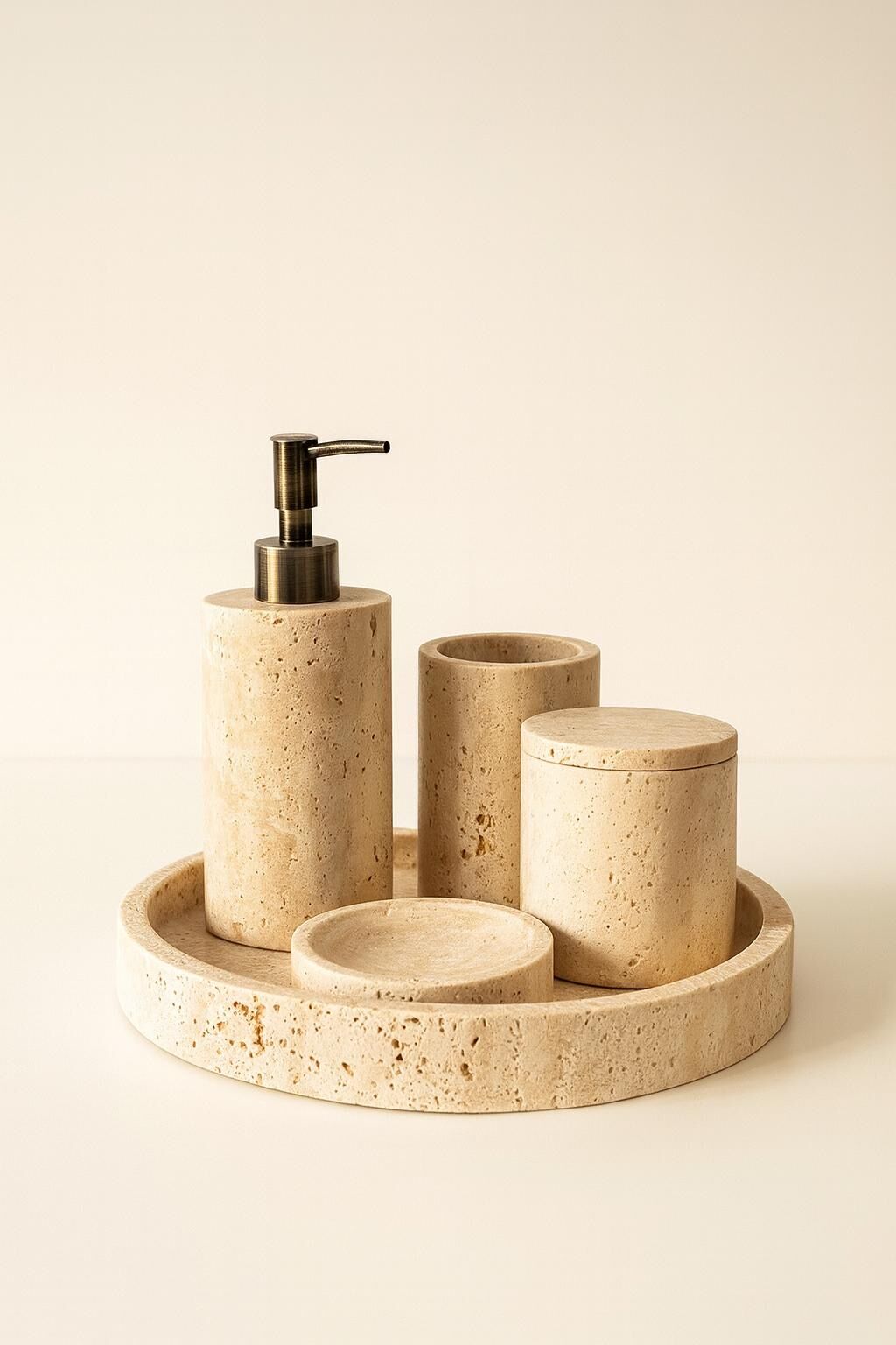 Eskitme Antik Gold Traverten Lavabo Seti 5 Parça Doğal Banyo Seti Birinci Kalite Mermer