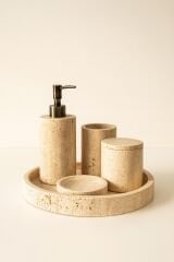 Eskitme Antik Gold Traverten Lavabo Seti 5 Parça Doğal Banyo Seti Birinci Kalite Mermer