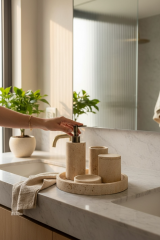 Eskitme Antik Gold Traverten Lavabo Seti 5 Parça Doğal Banyo Seti Birinci Kalite Mermer