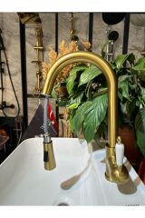 Mat Gold Spiralli Musluk ve Gider Seti Mat Altın Tazzik ve Basınç Ayarlı Armatür