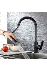 Siyah Mat Oynar Başlıklı Fonksiyonlu Spiralli Eviye Mutfak Lavabo Batarya Pirinç Malzeme