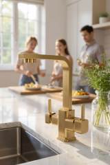 Mat Gold Kare Model Arıtmalı Mutfak Armatürü Sıcak Soğuk Arıtma Fırçalanmış Altın Renk