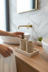 Banyo Sabunluk Diş Fırçalık Seti Traverten Doğal Ağır Mermer Eskitme Gold Renk Banyo Sabunluk Seti