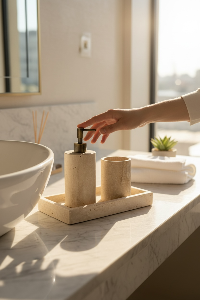 Banyo Sabunluk Diş Fırçalık Seti Traverten Doğal Ağır Mermer Eskitme Gold Renk Banyo Sabunluk Seti