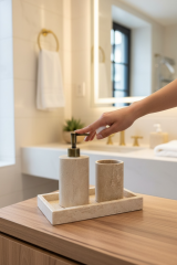 Banyo Sabunluk Diş Fırçalık Seti Traverten Doğal Ağır Mermer Eskitme Gold Renk Banyo Sabunluk Seti