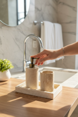 Banyo Sabunluk Diş Fırçalık Seti Traverten Doğal Ağır Mermer Eskitme Gold Renk Banyo Sabunluk Seti