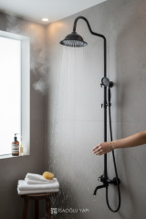 Siyah Retro Duş Sistemi Mat Siyah Alt Armatür Dahil Set Tepe Yağmurlamalı Pirinç Materyal Klasik Duş