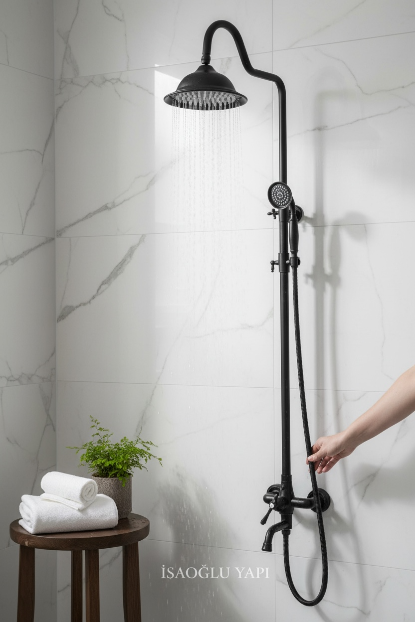Siyah Retro Duş Sistemi Mat Siyah Alt Armatür Dahil Set Tepe Yağmurlamalı Pirinç Materyal Klasik Duş