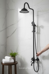 Siyah Retro Duş Sistemi Mat Siyah Alt Armatür Dahil Set Tepe Yağmurlamalı Pirinç Materyal Klasik Duş