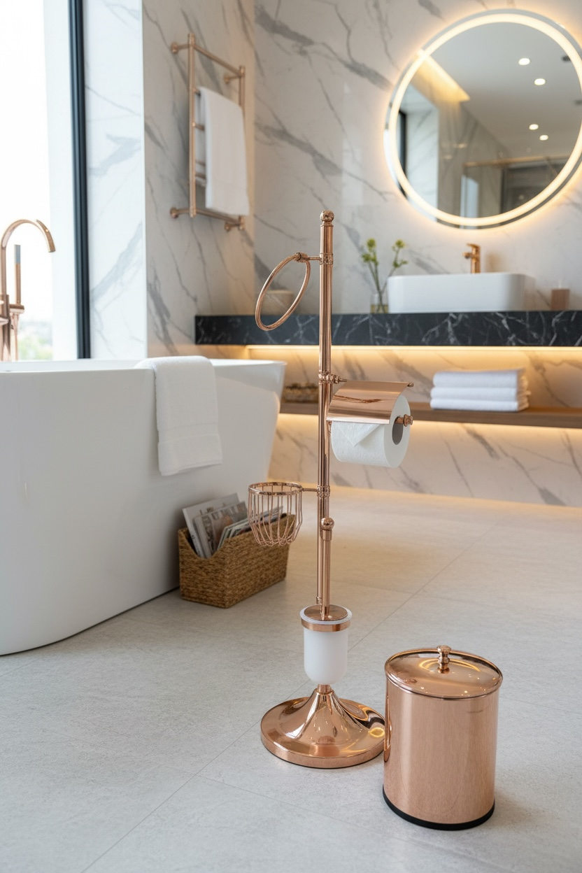 Bakır Banyo Seti Fırçalık Havluluk Çöp Kovası ve Tuvalet Kağıtlık Bronz Aksesuar Seti