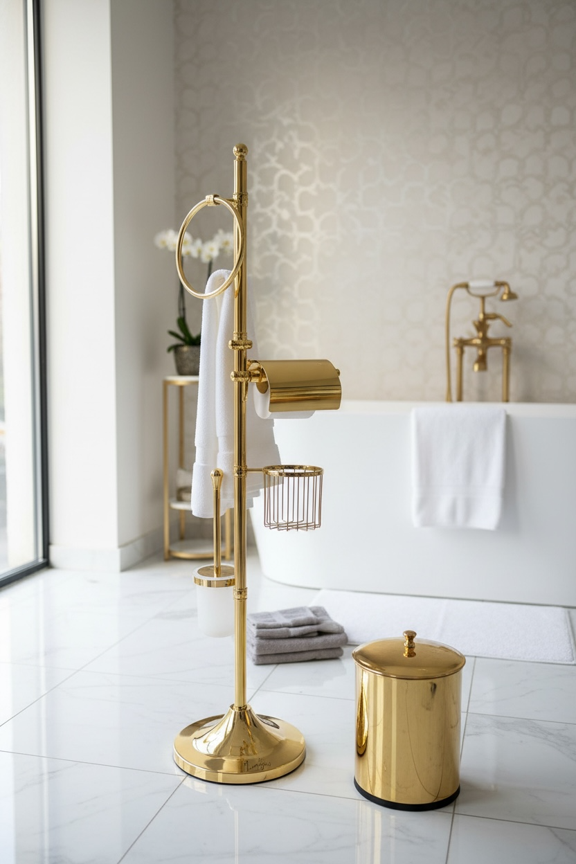 Banyo Seti Gold Renk Fırçalık Havluluk Kova Tuvalet Kağıtlık Retro Tasarım Pirinç Malzeme Banyo Set