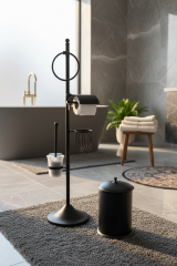 Siyah Banyo Seti Fırçalık Tuvalet Kağıtlık Kova Havluluk Retro Seri Pirinç Malzeme Mat Siyah Renk