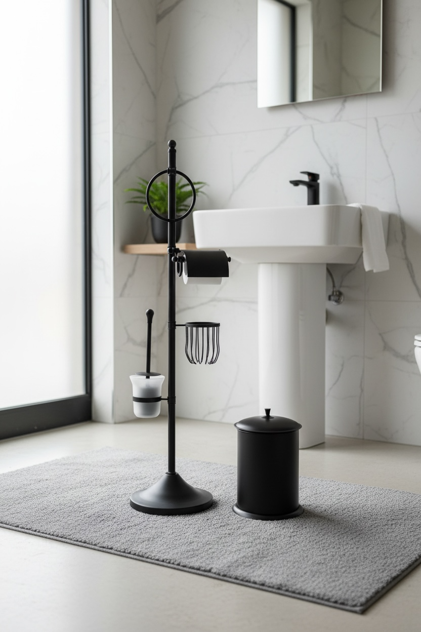 Siyah Banyo Seti Fırçalık Tuvalet Kağıtlık Kova Havluluk Retro Seri Pirinç Malzeme Mat Siyah Renk