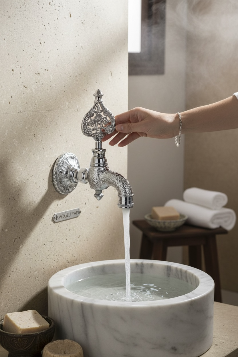 Osmanlı Hamam Musluğu Ağır Model Desenli Tasarım Gümüş Renk Tüm Banyolara Uyumlu
