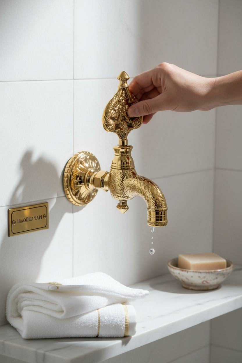 Osmanlı Hamam Musluğu Gold Renk Desenli Ağır Model Kurna Musluğu Bütün Banyolara Uyumlu