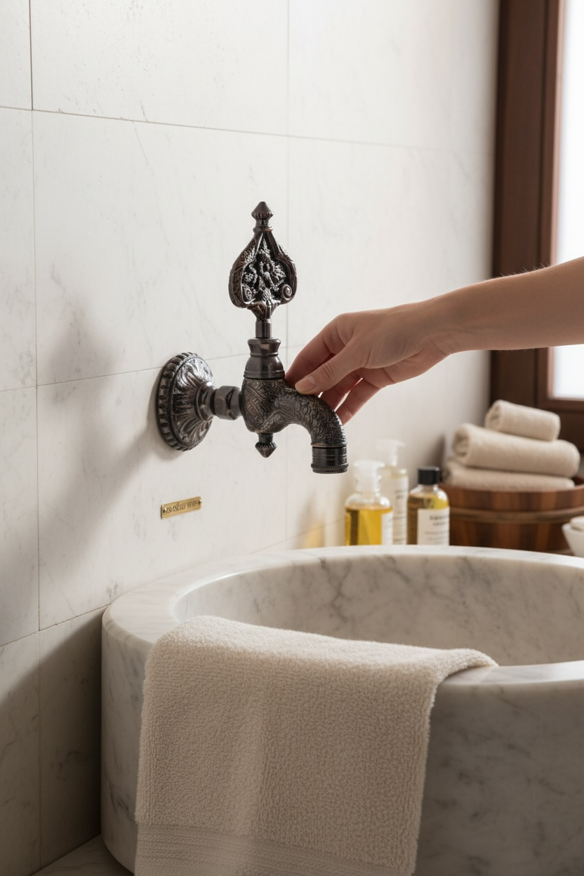 Siyah Osmanlı Hamam Musluğu Ağır Model Desenli Pirinç Malzeme Bütün Banyolara Uygun