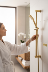 Gold Duş Başlığı ve Banyo Bataryası Seti Paslanmaz Pirinç Malzeme İkili Set Gold Sürgülü Duş Sistemi