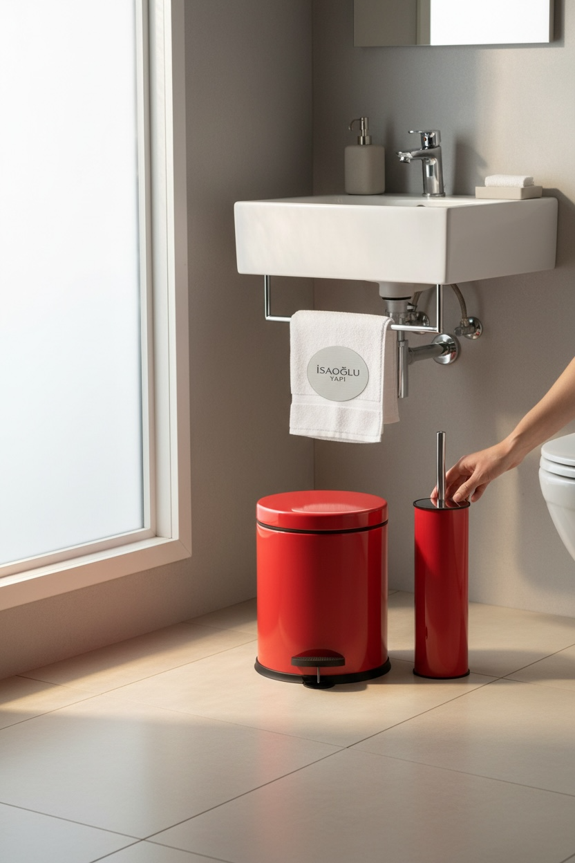 Kırmızı Banyo Çöp Kovası Seti Klozet Fırçası ve Pedallı Kova Paslanmaz Banyo Seti Kırmızı
