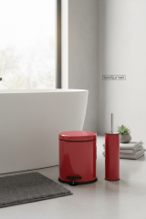 Kırmızı Banyo Çöp Kovası Seti Klozet Fırçası ve Pedallı Kova Paslanmaz Banyo Seti Kırmızı