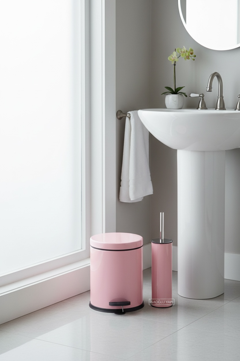 Pembe Banyo Çöp Kovası ve Klozet Fırçası Seti Paslanmaz Malzeme Banyo Seti Pembe Renk