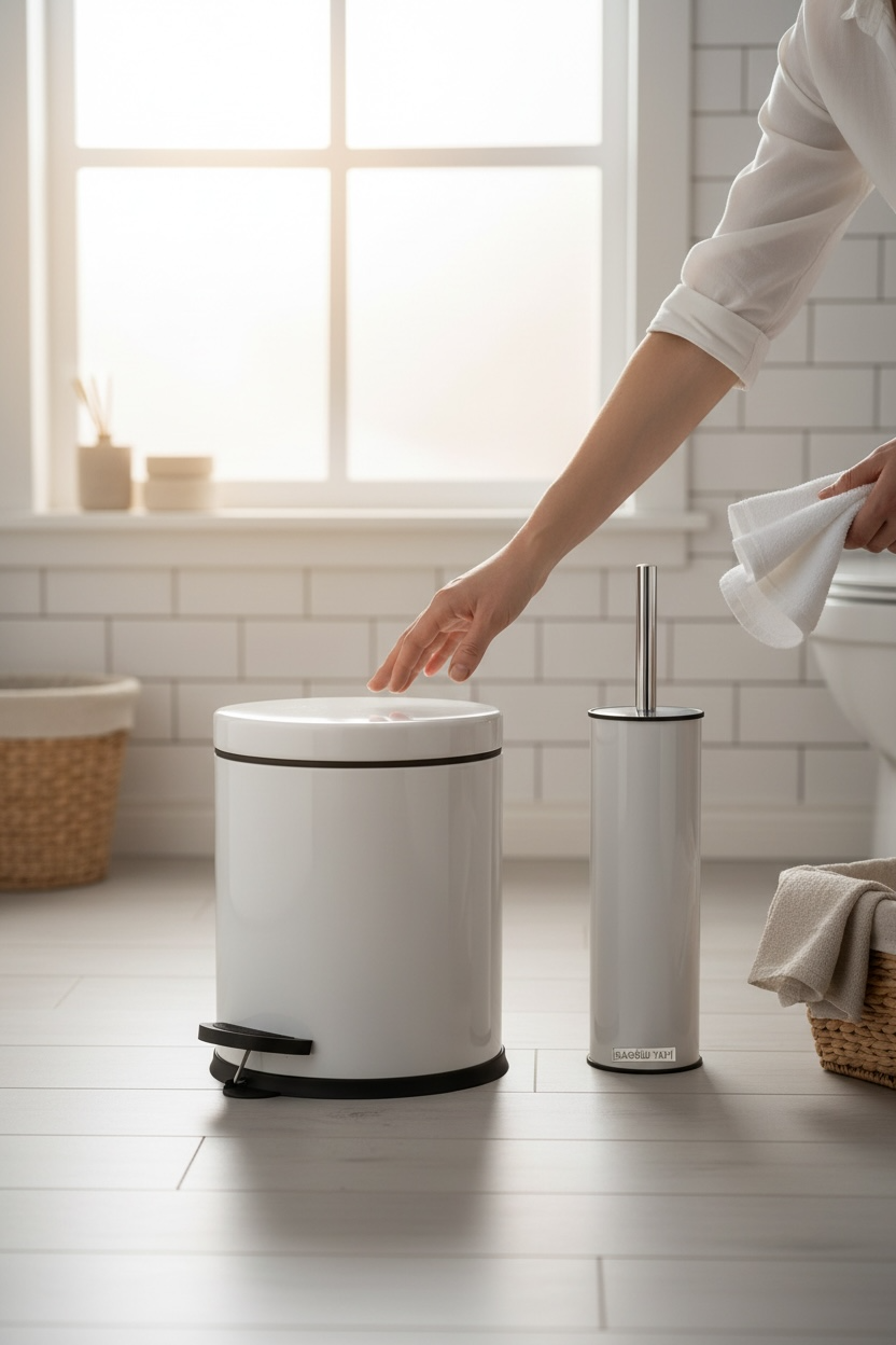 Beyaz Banyo Çöp Kovası Seti Klozet Fırçası ve Çöp Kovası Paslanmaz Malzeme Beyaz Renk Banyo Seti