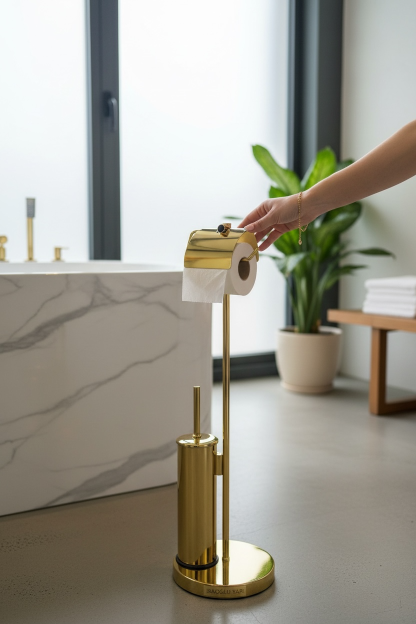 Gold Tuvalet Kağıtlık Gold Tuvalet Fırçası Pirinç Malzeme Paslanmaz Banyo Ayaklı Set Gold Renk