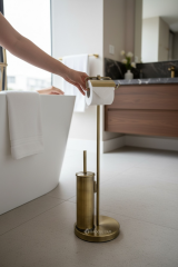 Antik Gold Pirinç Tuvalet Kağıtlığı ve Klozet Fırçası Seti Ayaklı Set Eskitme Gold Pirinç Ürün