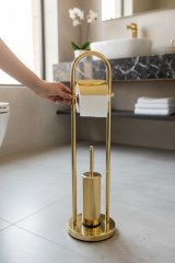 Gold Tuvalet Kağıtlık Klozet Fırçası Paslanmaz Pirinç Ayaklı Set Gold Renk Modern Tasarım Banyo Seti
