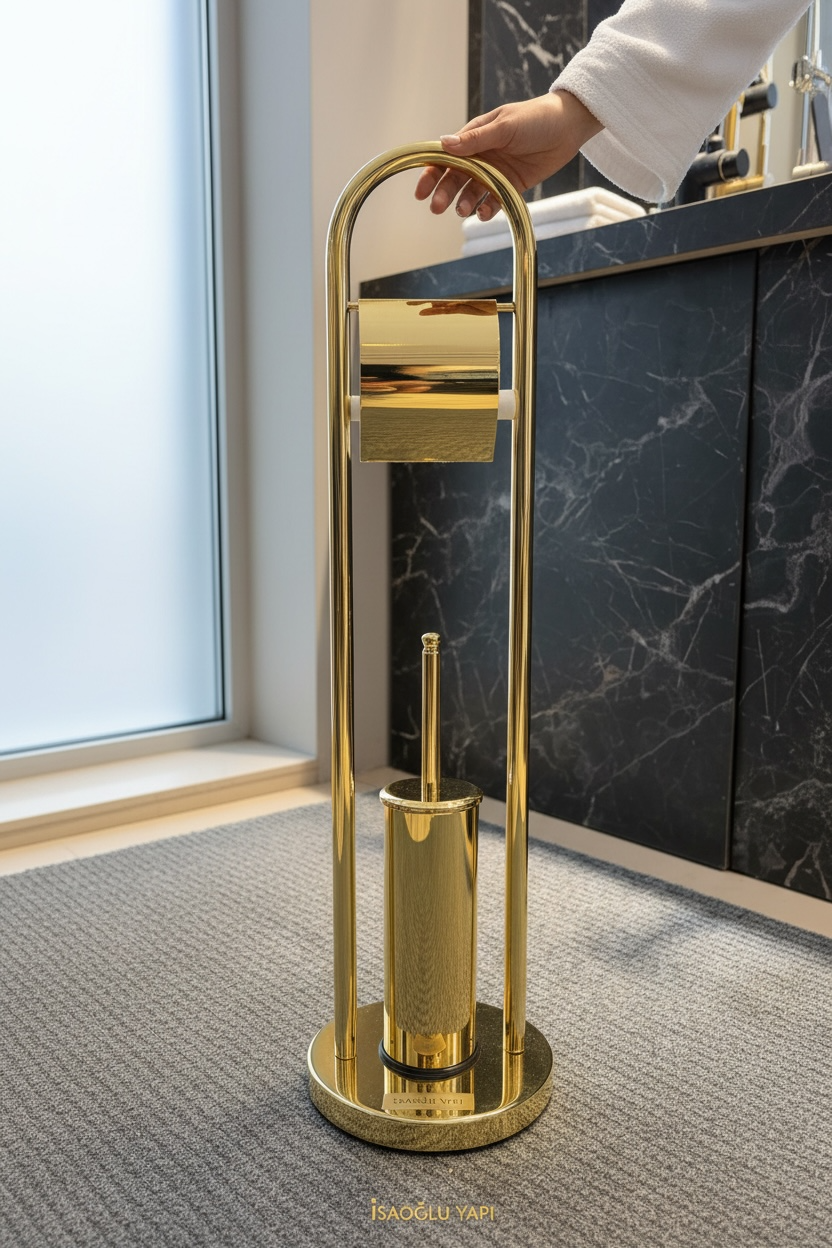 Gold Tuvalet Kağıtlık Klozet Fırçası Paslanmaz Pirinç Ayaklı Set Gold Renk Modern Tasarım Banyo Seti