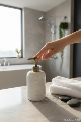 Banyo Sabunluk Traverten Doğal Taş Sabunluk ve Diş Fırçalık Seti Antik Gold Renk Birinci Kalite