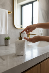 Banyo Sabunluk Traverten Doğal Taş Sabunluk ve Diş Fırçalık Seti Antik Gold Renk Birinci Kalite