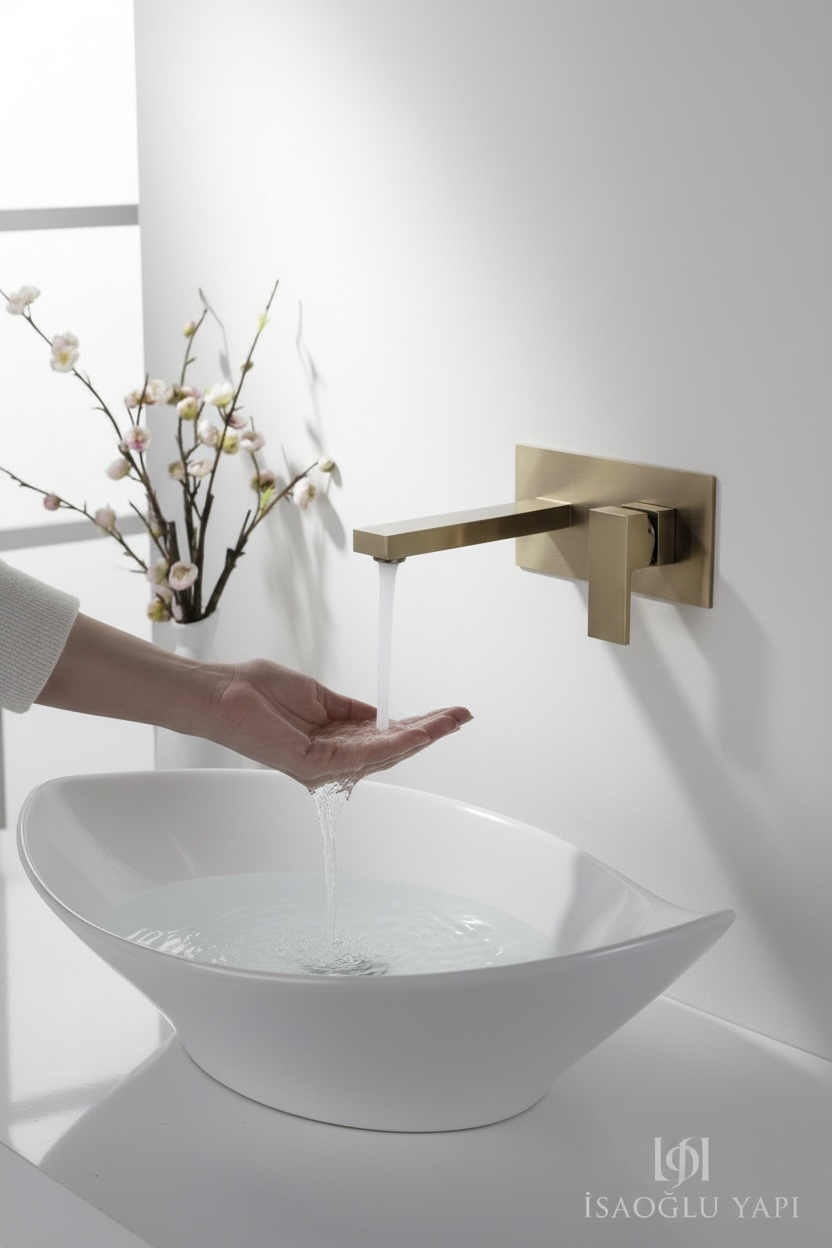 Mat Gold Ankastre Lavabo Bataryası Duvardan Ankastre Kare Modern Tasarım Pirinç Ürün Mat Altın