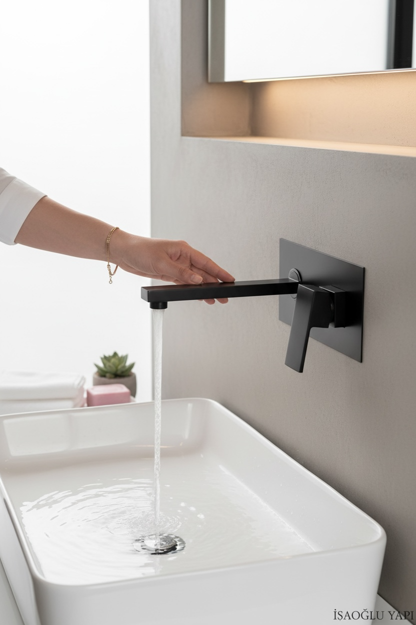 Mat Siyah Ankastre Lavabo Bataryası Kare Modern Tasarım Pirinç Ürün Duvardan Ankastre
