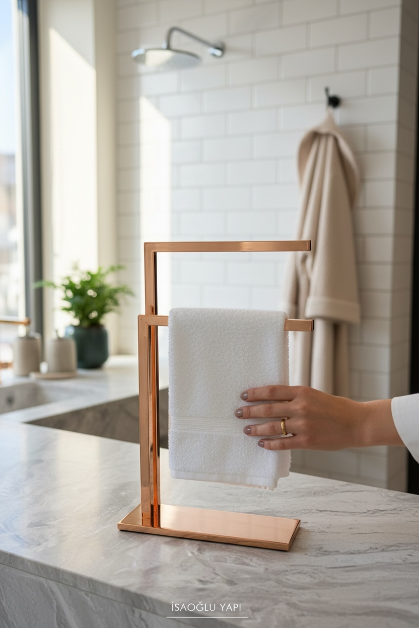 Bakır Havluluk Tezgah Üstü Kare Modern Banyo Havluluğu Çiftli Model Bronz Renk Aksesuarlık