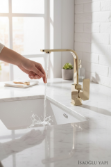 Gold Lavabo Bataryası Kare Modern Tasarım Yüksek Model 360 Derece Dönebilen Altın Lavabo Armatürü