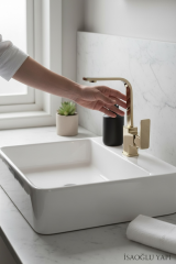 Gold Lavabo Bataryası Kare Modern Tasarım Yüksek Model 360 Derece Dönebilen Altın Lavabo Armatürü