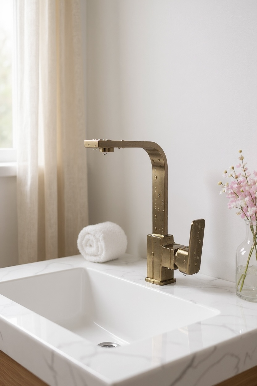 Antik Gold Lavabo Bataryası Yüksek Model 360 Derece Dönebilen Eskitme Gold Kare Lavabo Armatür