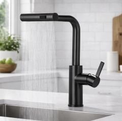 Siyah Mutfak Bataryası Çekmeli Uzayan Sistem Şelale Akışlı Tazzikleme Fonksiyonlu Evye Armatür