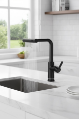 Siyah Mutfak Bataryası Çekmeli Uzayan Sistem Şelale Akışlı Tazzikleme Fonksiyonlu Evye Armatür