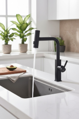 Siyah Mutfak Bataryası Çekmeli Uzayan Sistem Şelale Akışlı Tazzikleme Fonksiyonlu Evye Armatür