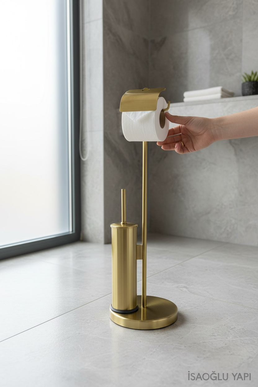 Mat Gold Tuvalet Kağıtlık ve Klozet Fırçası Seti Ayaklı Modern Banyo Seti Mat Altın Dore