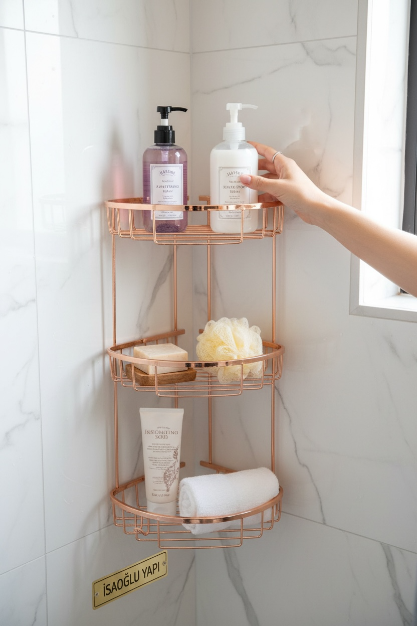 Bakır Üçlü Raf Şampuanlık Pirinç Malzeme Paslanmaz Garantili Bronz Üçlü Köşelik