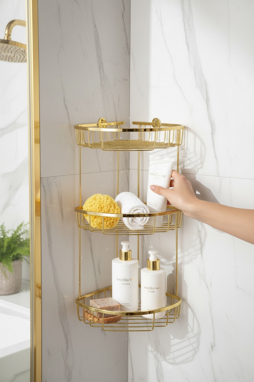 Gold Üçlü Şampuanlık Köşelik Paslanmaz Pirinç Materyal Üçlü Altın Banyo Rafı