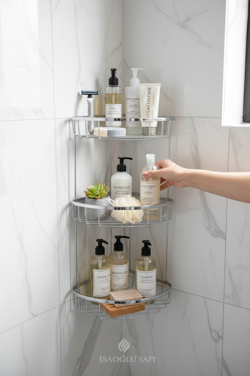 Şampuanlık Üçlü Raf Banyo Seti Pirinç Materyal Ömür Boyu Paslanmaz Krom Şampuanlık